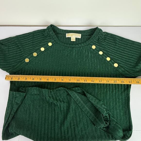 Michael Kors Women's Size S Short Sleeve Shirt Gold Button Ribbed Emerald Green - Picture 10 of 16